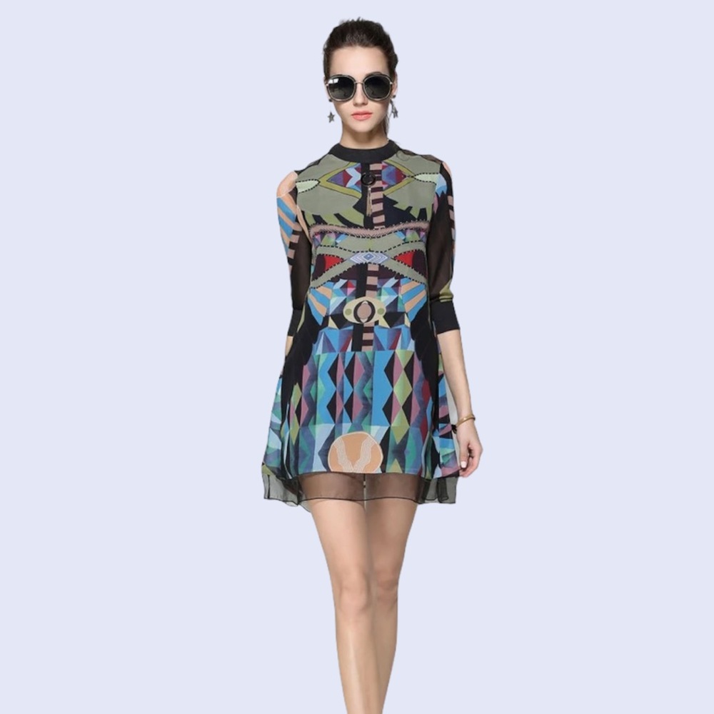 SOLD- ⭐HOST PICK- QIAN MO GE- VINTAGE BOHEMIAN PRINT CHIFFON DRESS-ORIENTAL P… - Picture 2 of 16